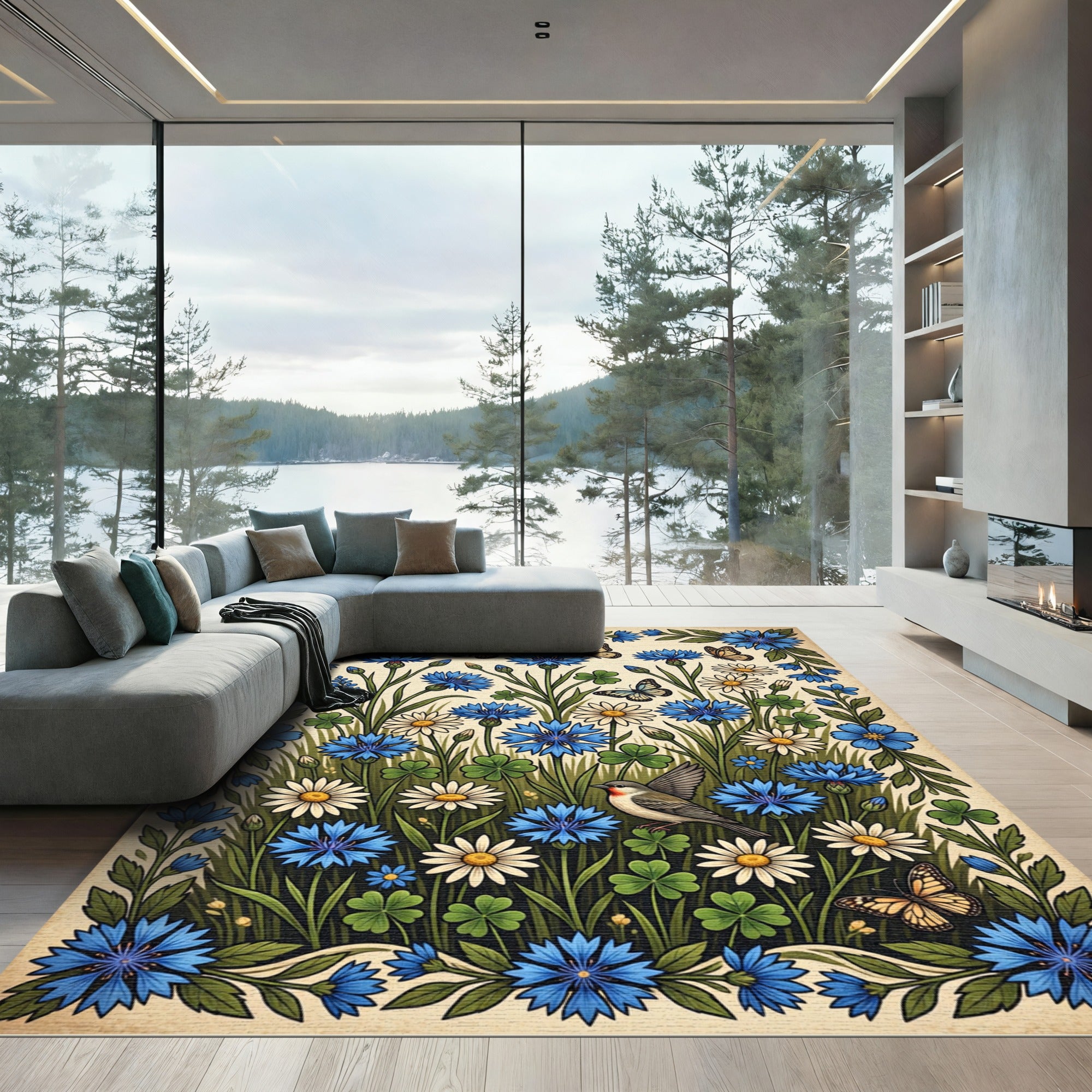 Blue Cornflower and Daisy Botanical Meadow Rug