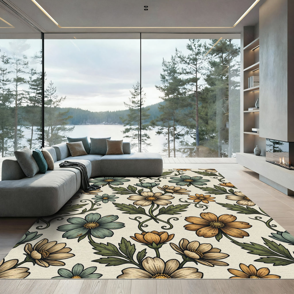Soft Sage and Ochre Botanical Meadow Rug