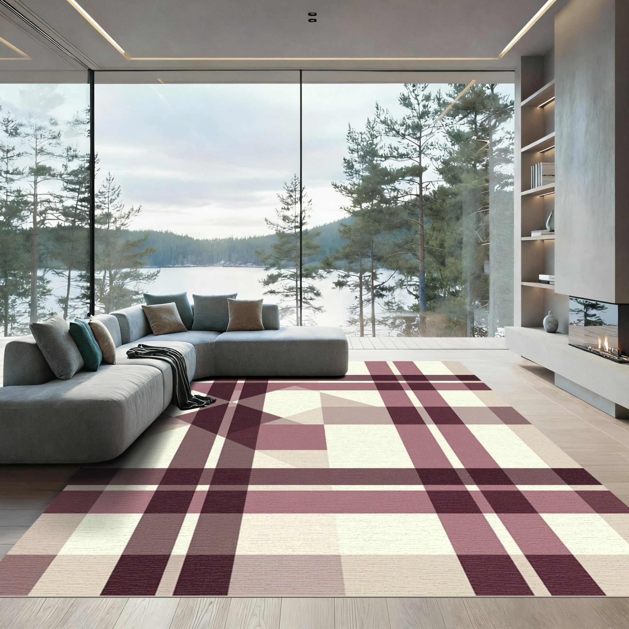 Crimson Mauve Plaid Geometric Overlay Rug