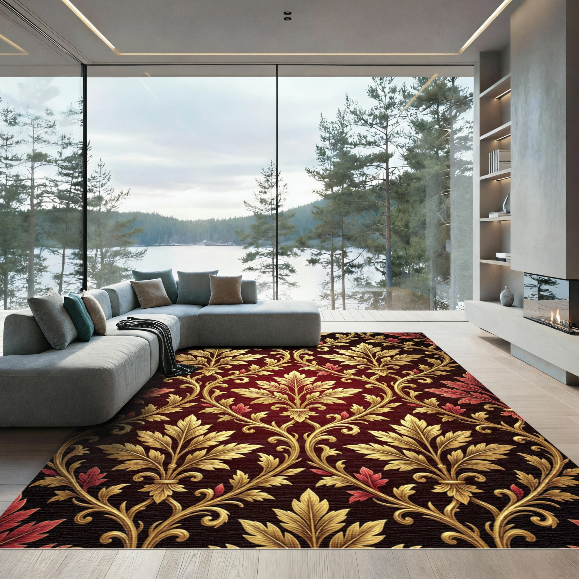 Ornate Gold Leaf Red Damask Rug