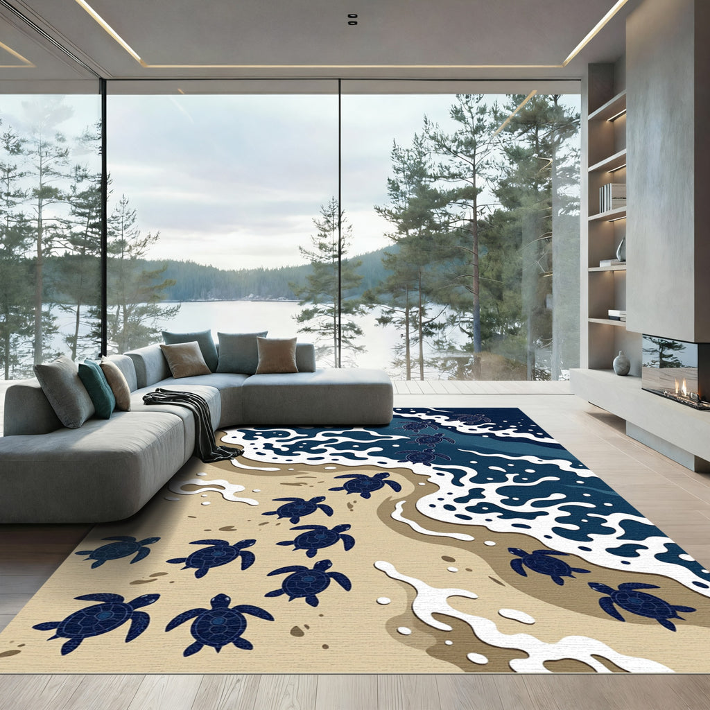 Playful Navy Sea Turtle Ocean Shore Rug