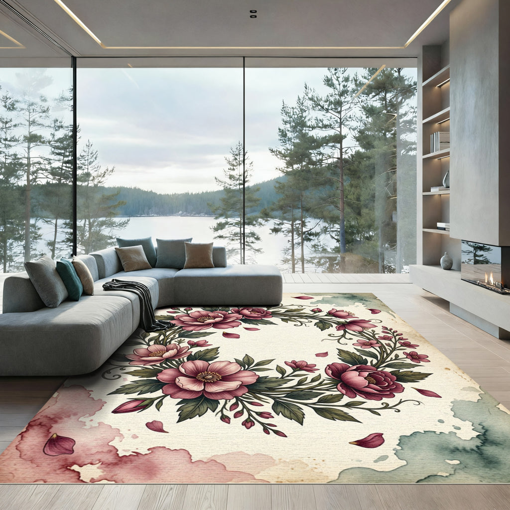 Vintage Rose Floral Garland Wreath Rug