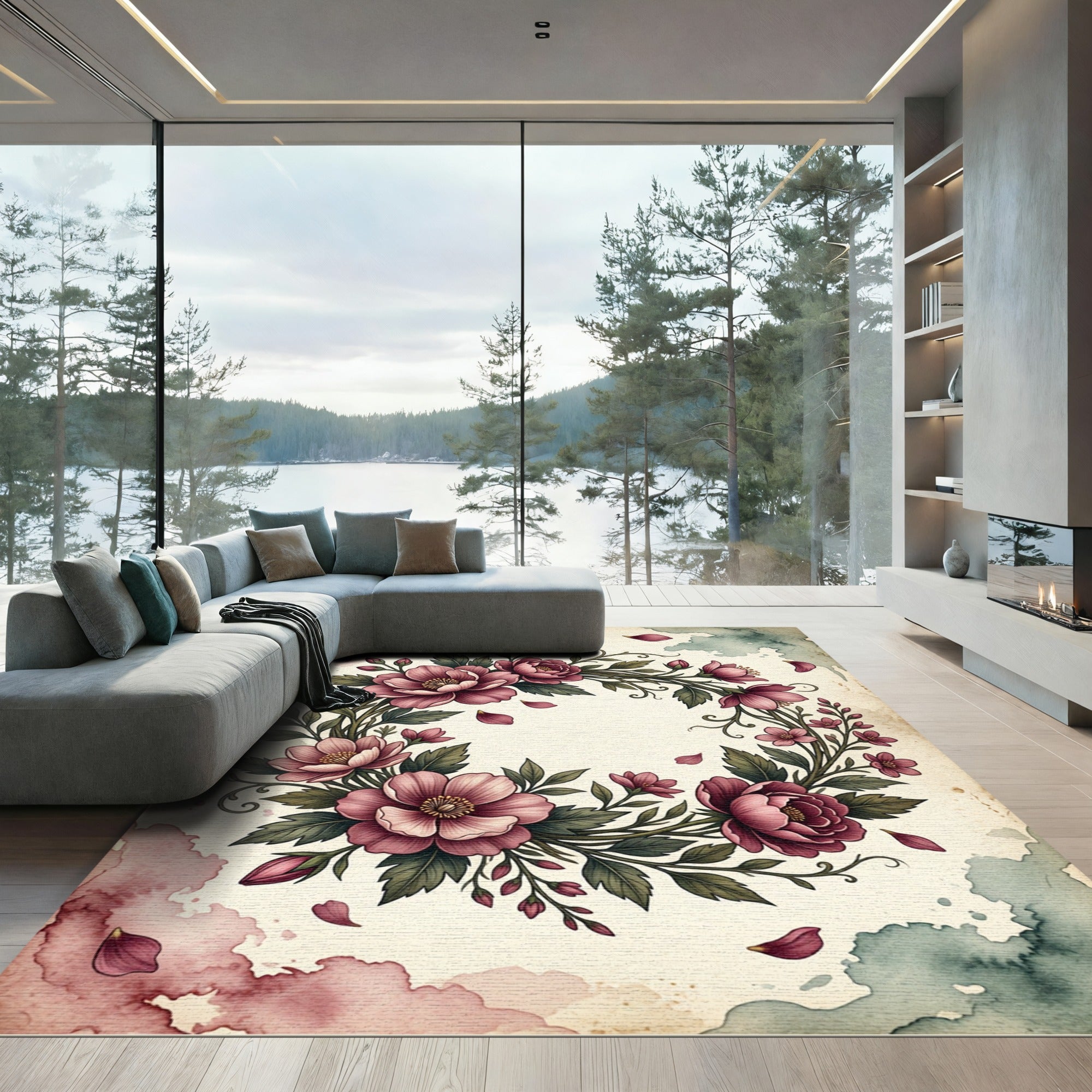 Vintage Rose Floral Garland Wreath Rug