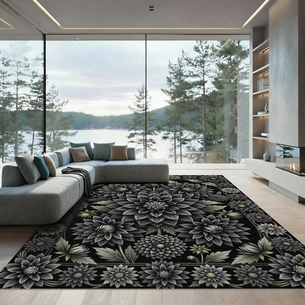 Monochromatic Botanical Dahlia Floral Black Rug