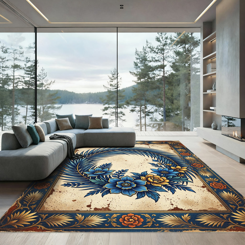 Vintage Blue Palm Floral Wreath Rug