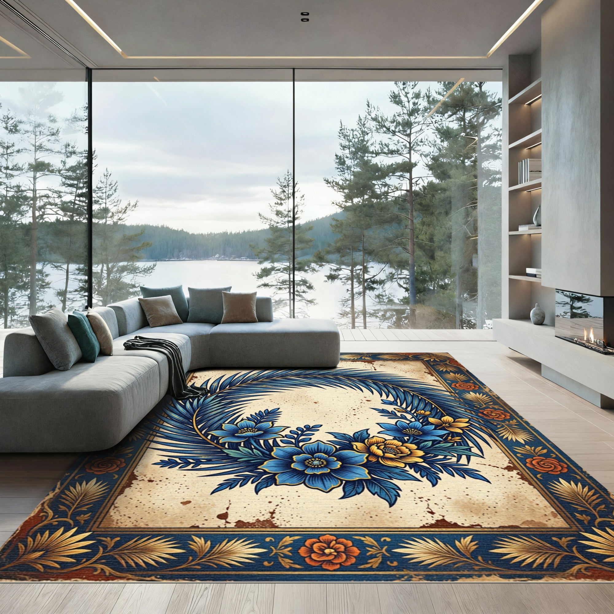 Vintage Blue Palm Floral Wreath Rug