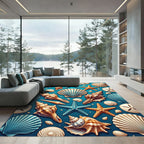 Coastal Blue Seashells and Starfish Art Rug