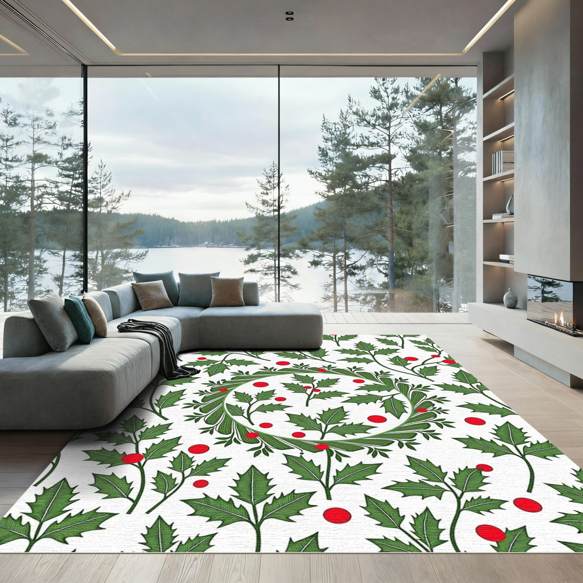 Green Holly Berry Wreath Rug