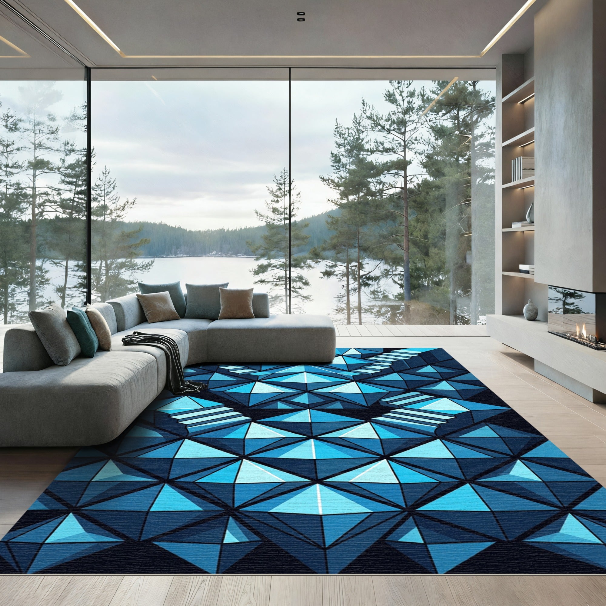 Geometric Teal Staircase Illusion Rug