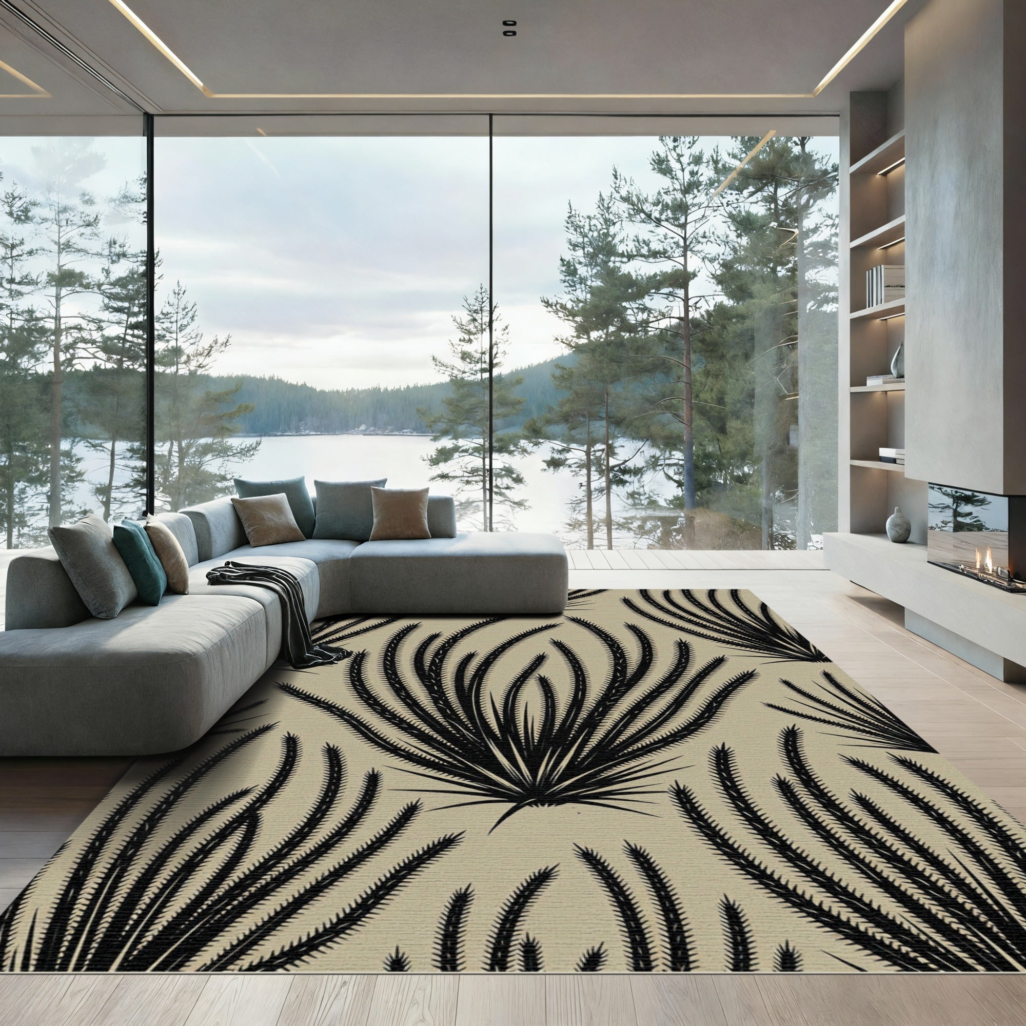 Black Grasslike Fern Foliage Beige Rug