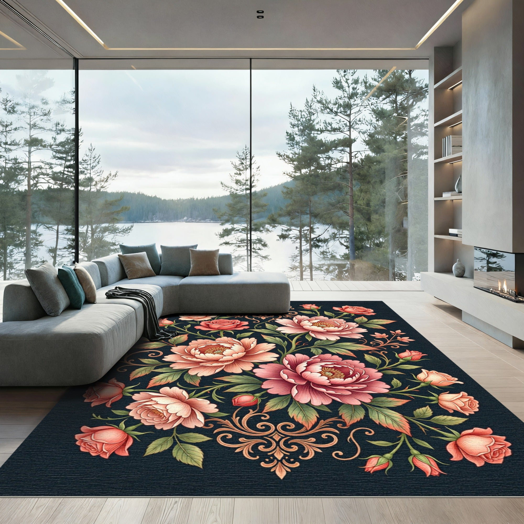 Coral Blush Peony Rose Scrollwork Rug