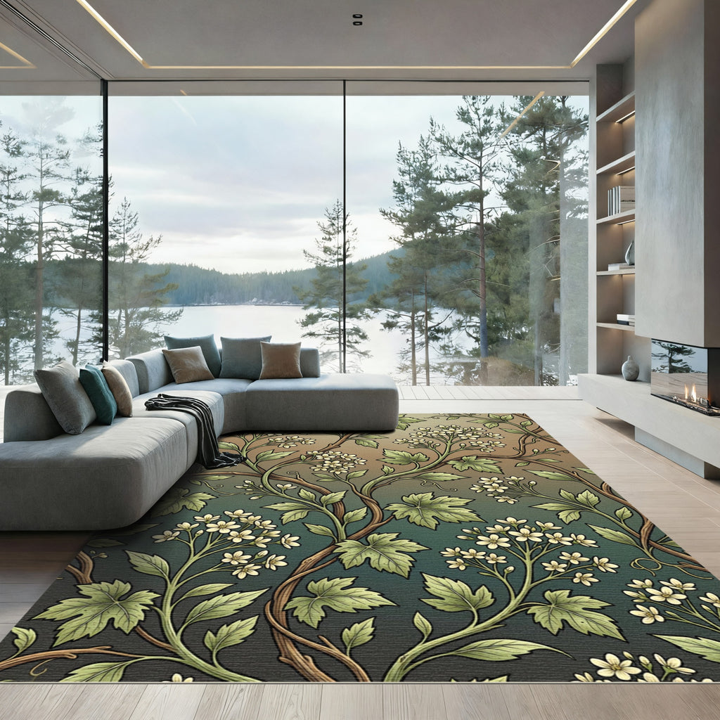 Botanical Cream Blossom Green Vine Scroll Rug
