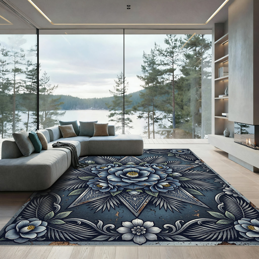 Midnight Blue Floral Star Medallion Rug