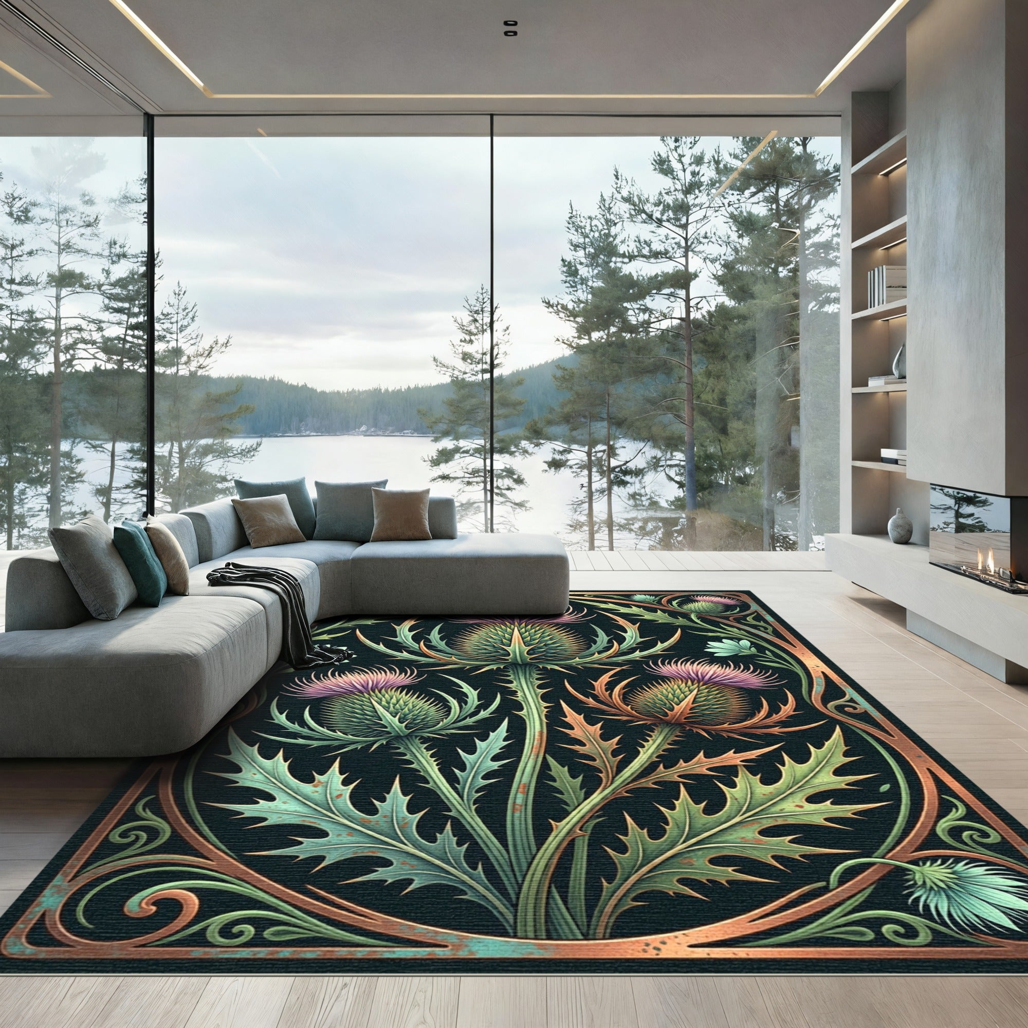Art Nouveau Copper Thistle Botanical Rug
