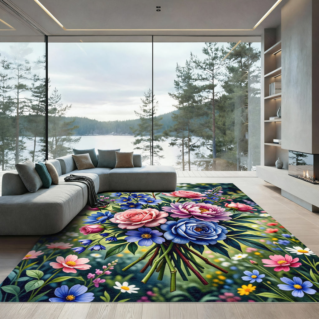 Vibrant Pink and Blue Floral Bouquet Rug