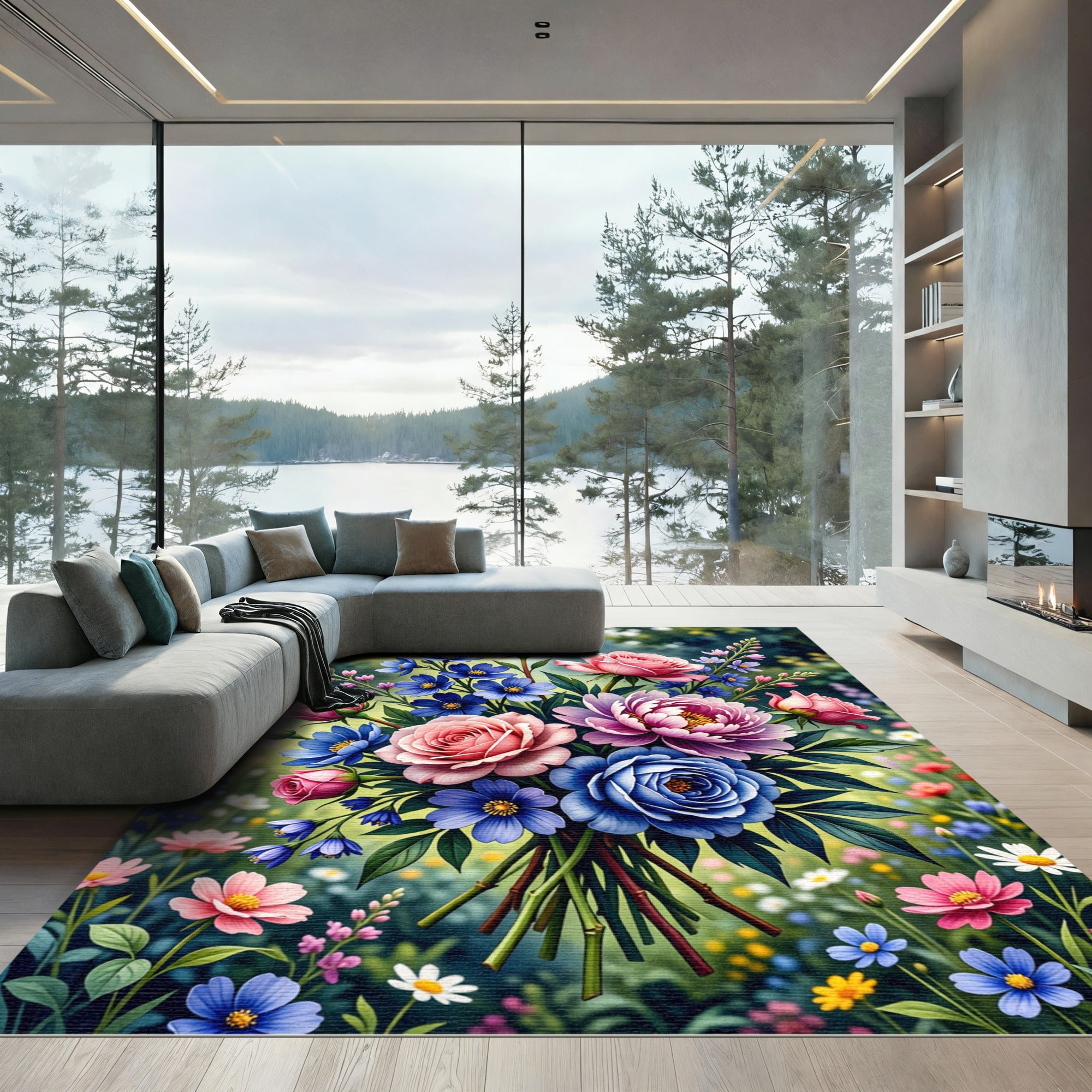 Vibrant Pink and Blue Floral Bouquet Rug