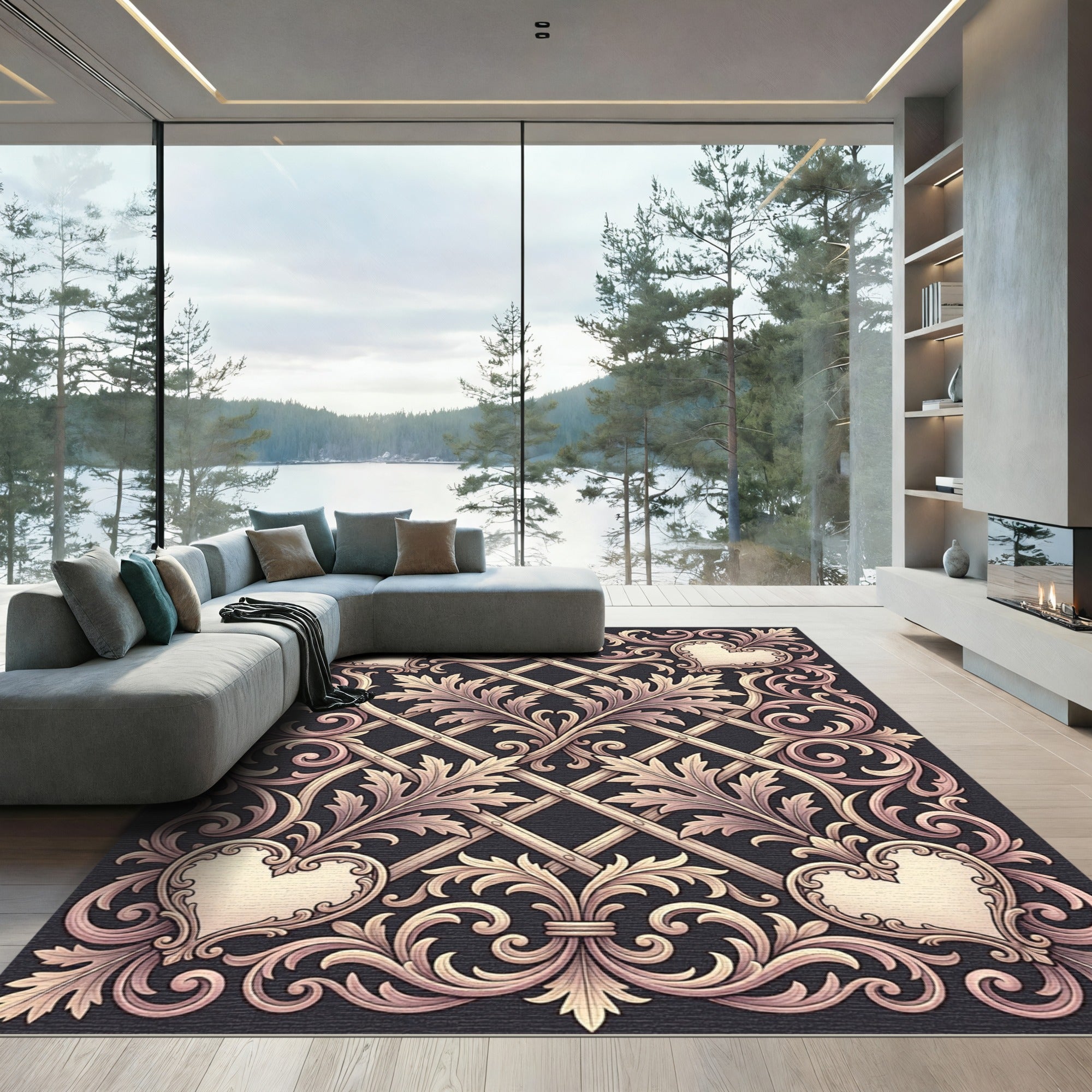Elegant Cream Heart Scrollwork Rug