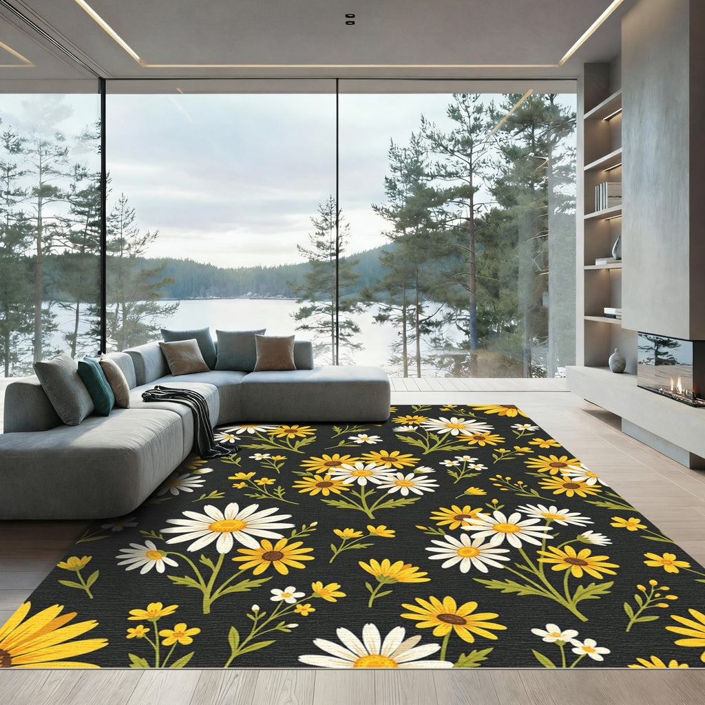 Cheerful Yellow White Daisy Meadow Rug