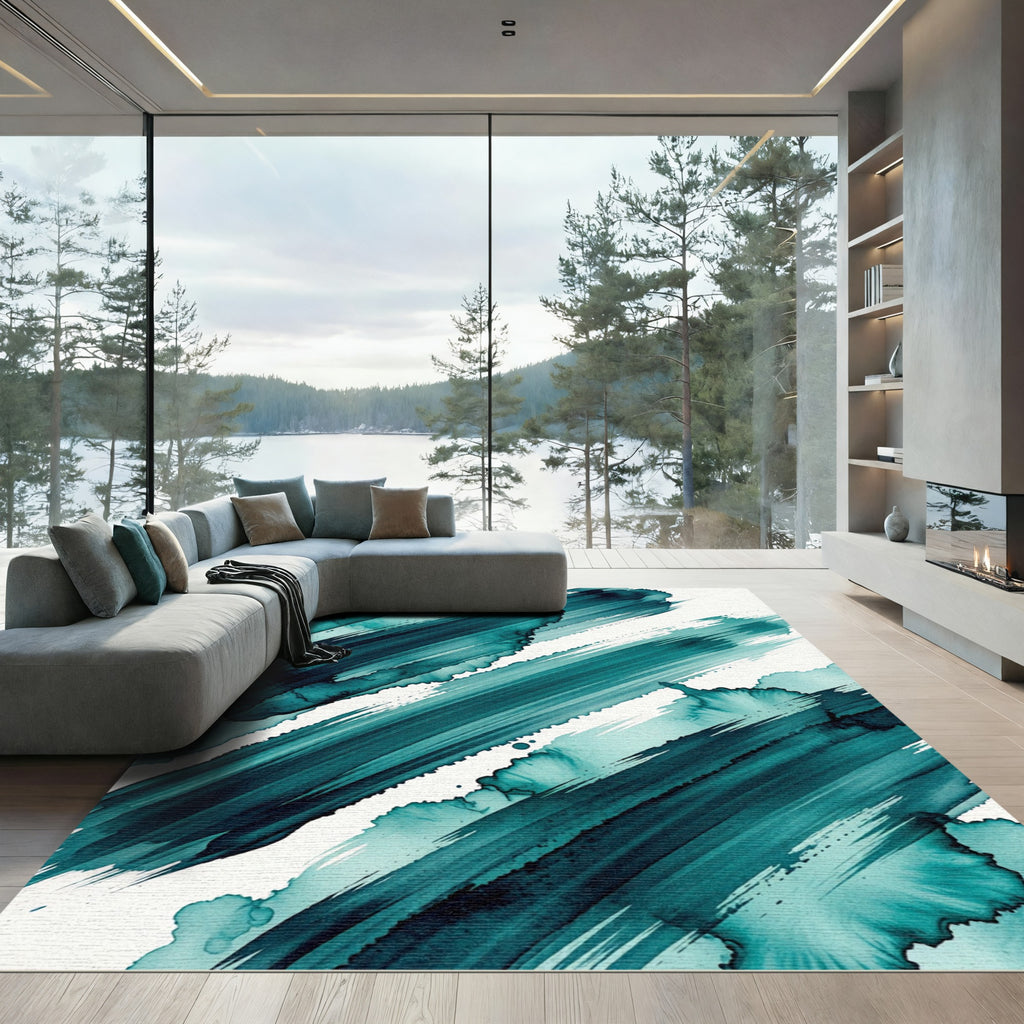 Teal Watercolor Brush Stroke Abstract Rug
