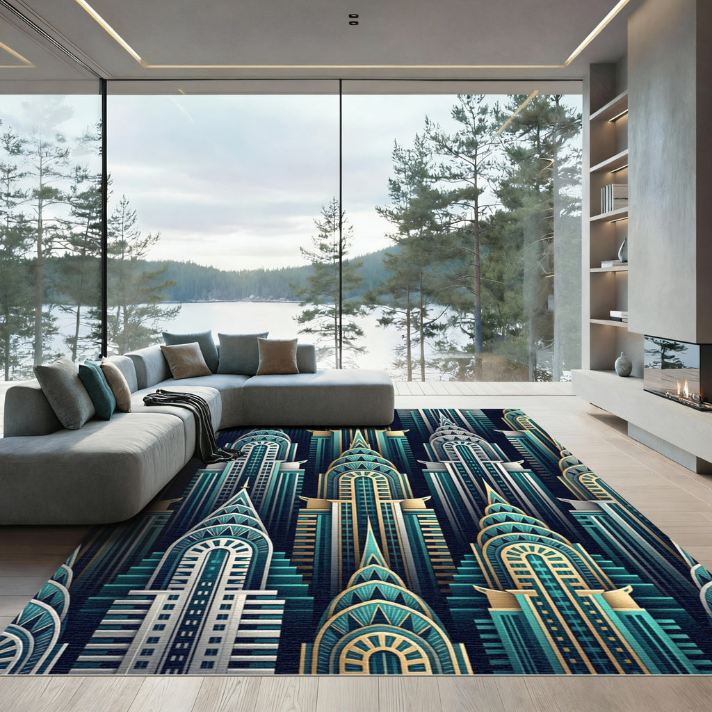 Art Deco Teal Gold Skyline Buildings Rug