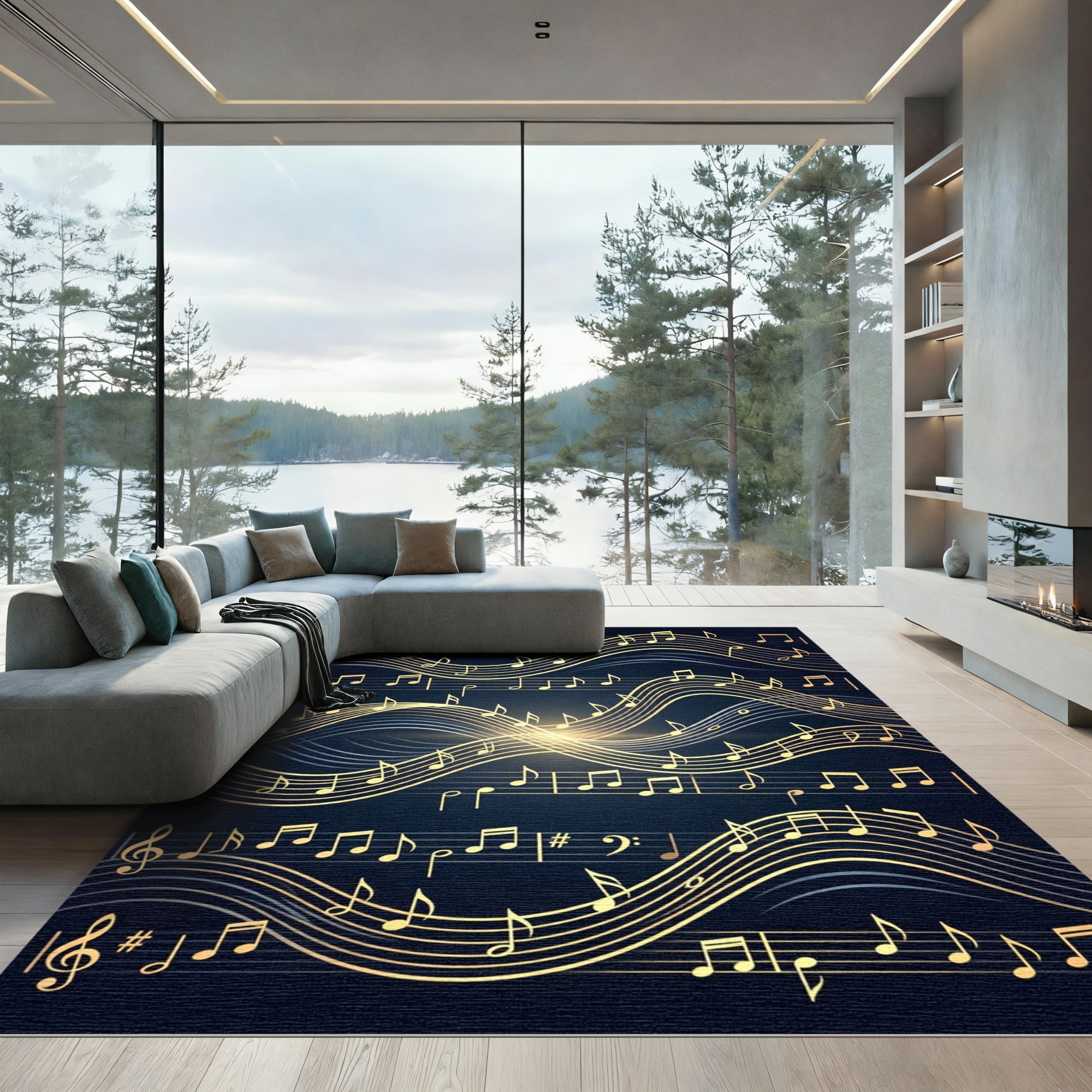 Golden Musical Notes Wave Rug