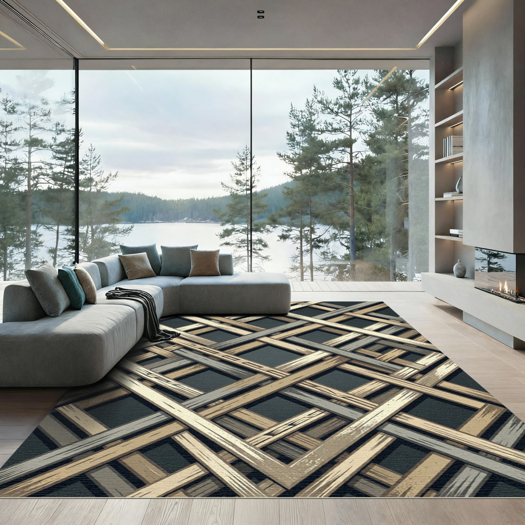Interlocking Neutral Toned Geometric Lattice Rug
