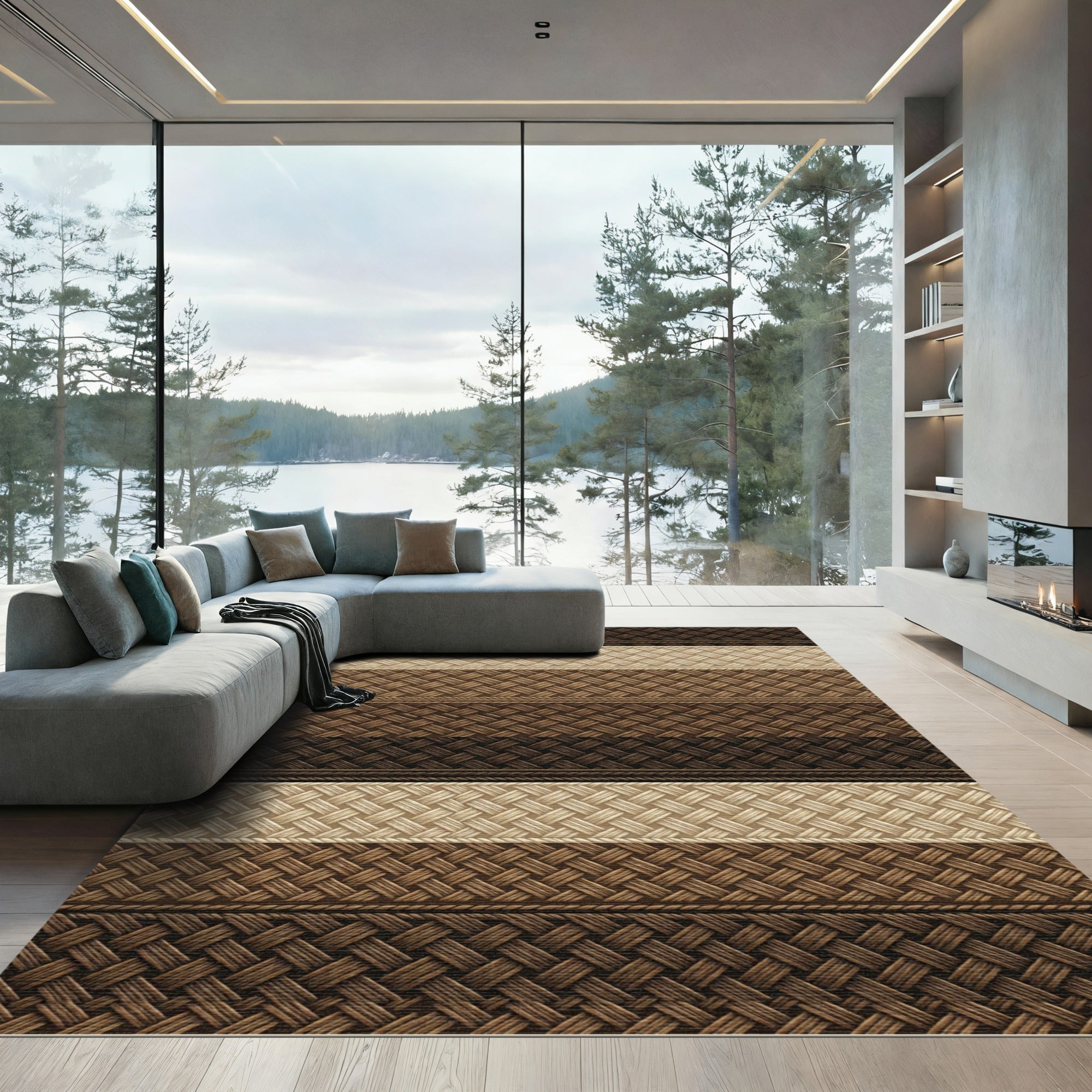 Textured Brown Beige Stripe Woven Rug