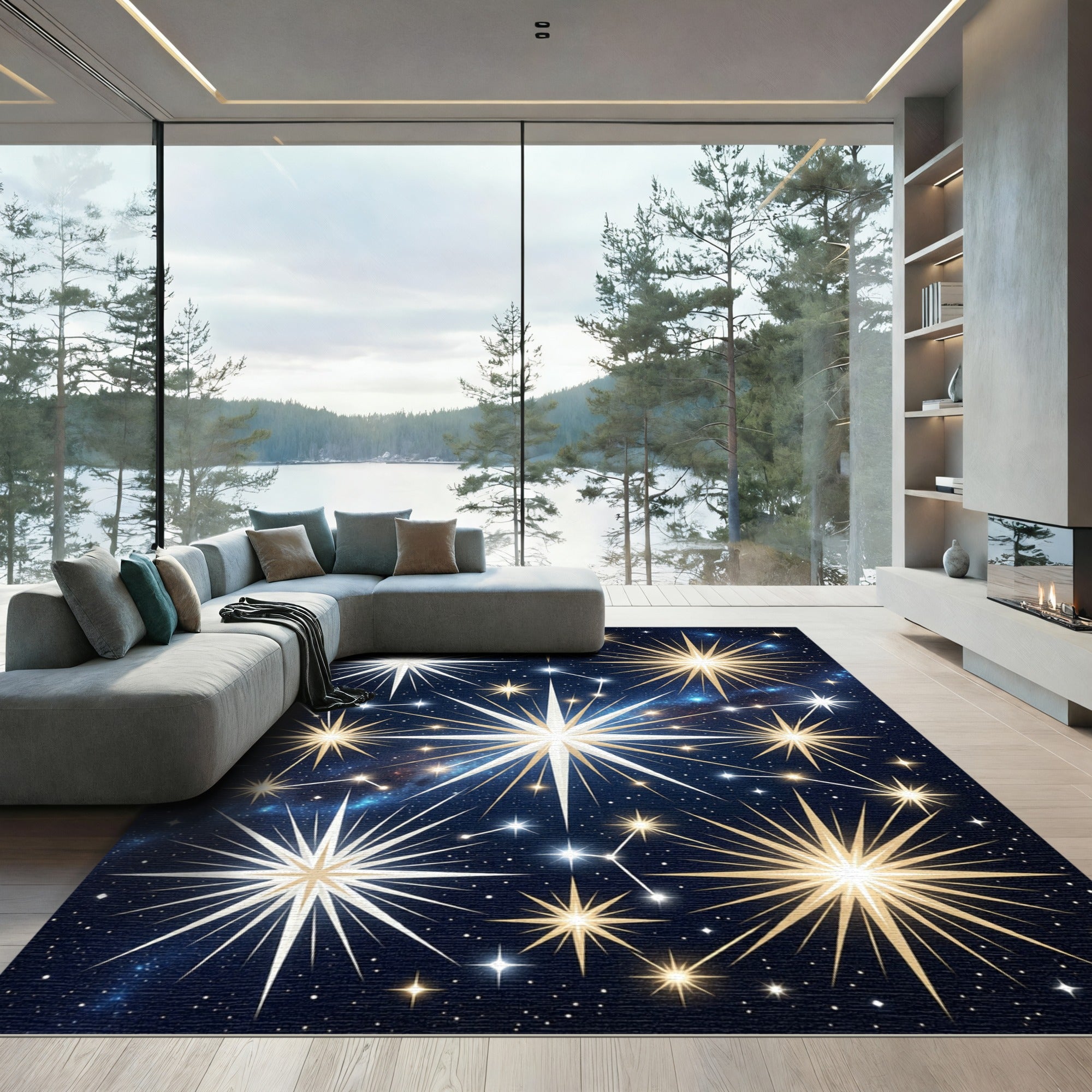 Celestial Gold and White Starry Night Rug