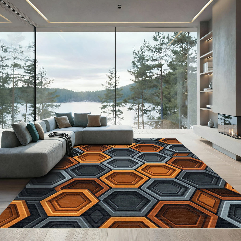 Modern Orange and Charcoal Geometric Hexagon Rug