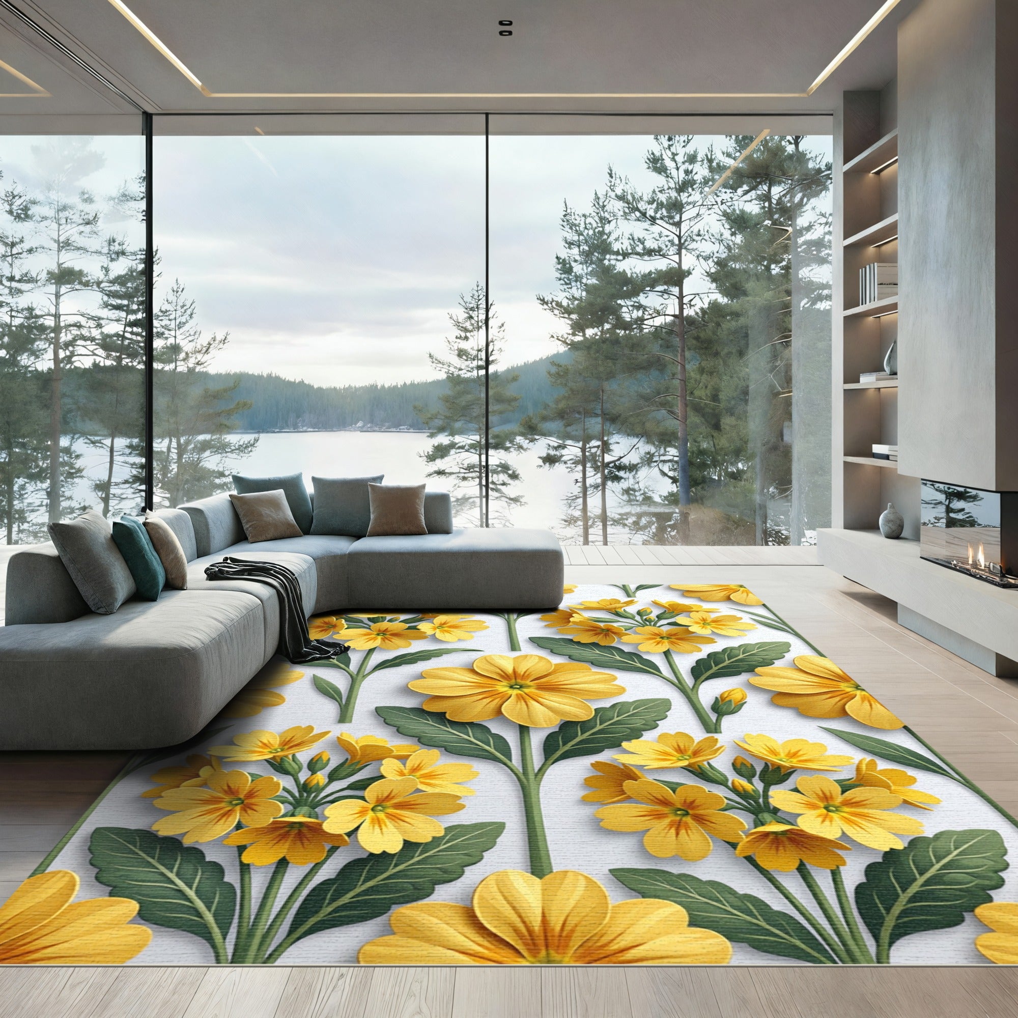 Sunny Yellow Primrose Botanical Floor Covering Rug
