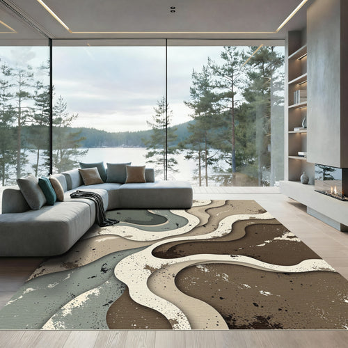 Abstract Earth Tone Wavy Layered Art Rug