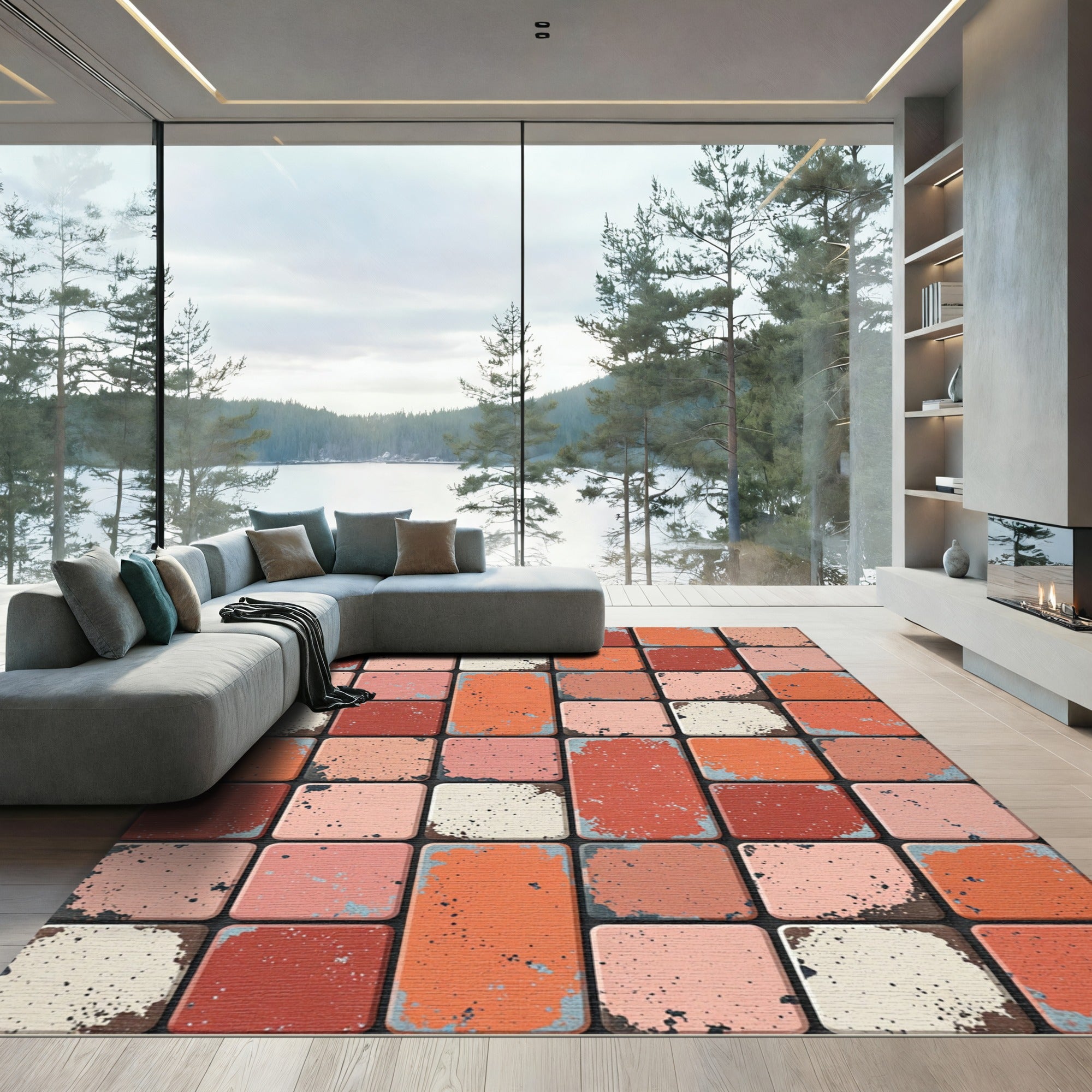 Terracotta Rusted Tile Grid Accent Rug