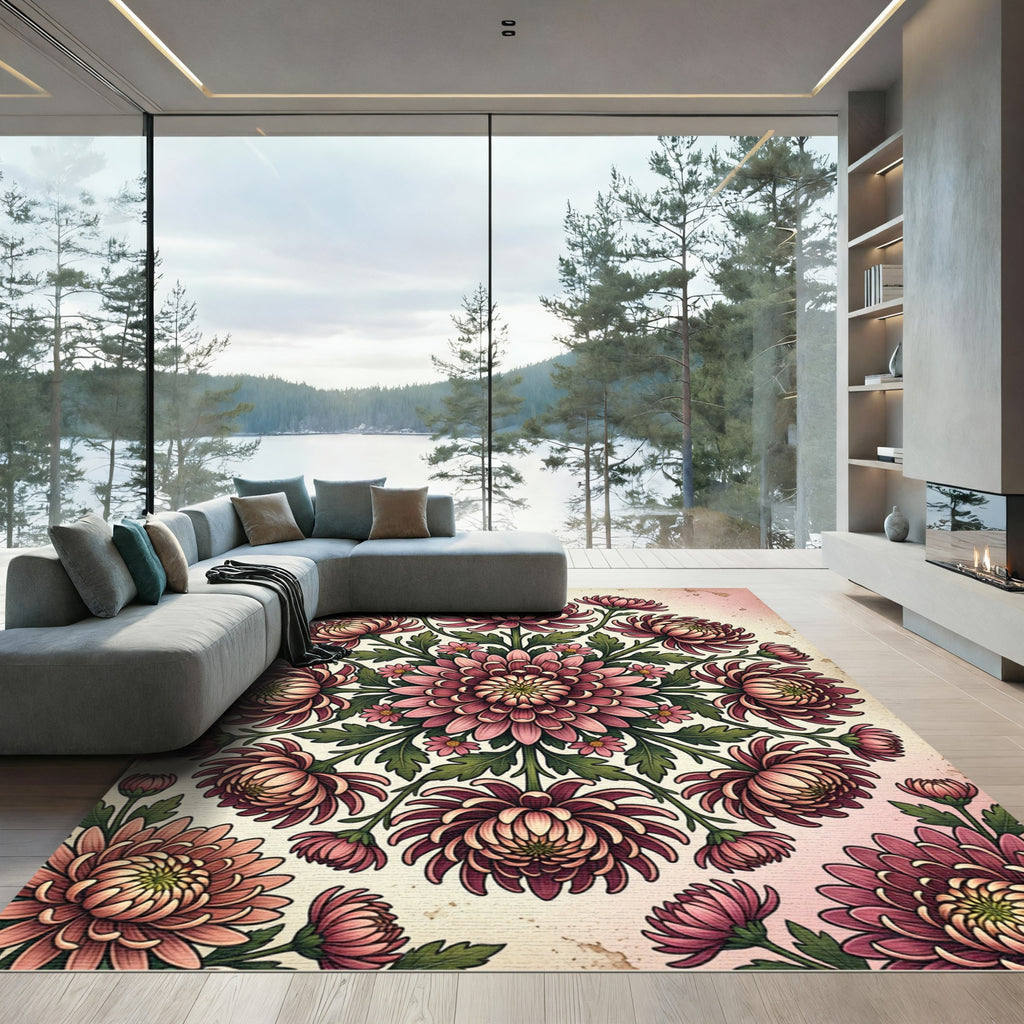 Vintage Pink Chrysanthemum Floral Mandala Rug