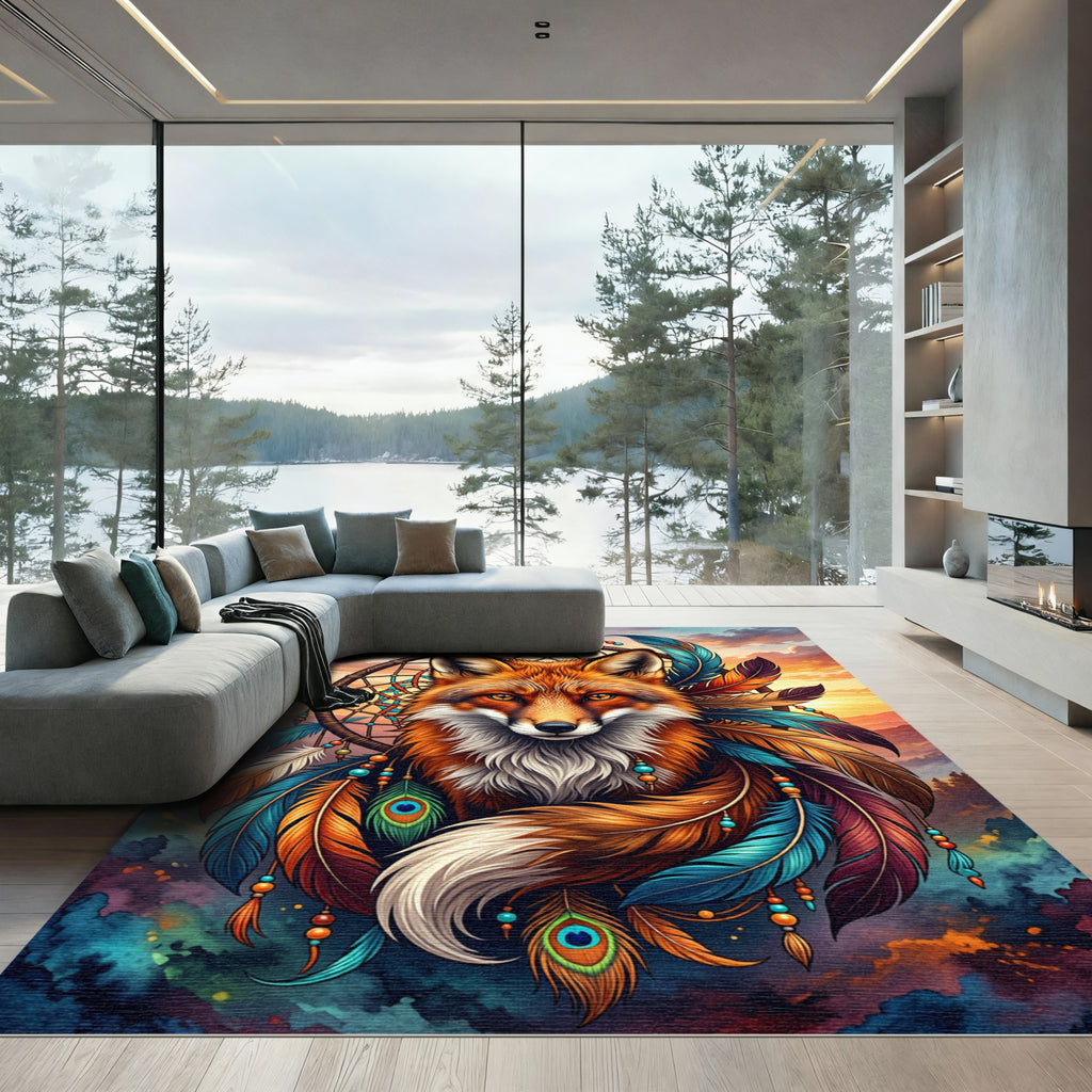 Vibrant Fox Dreamcatcher Feather Sunset Art Rug