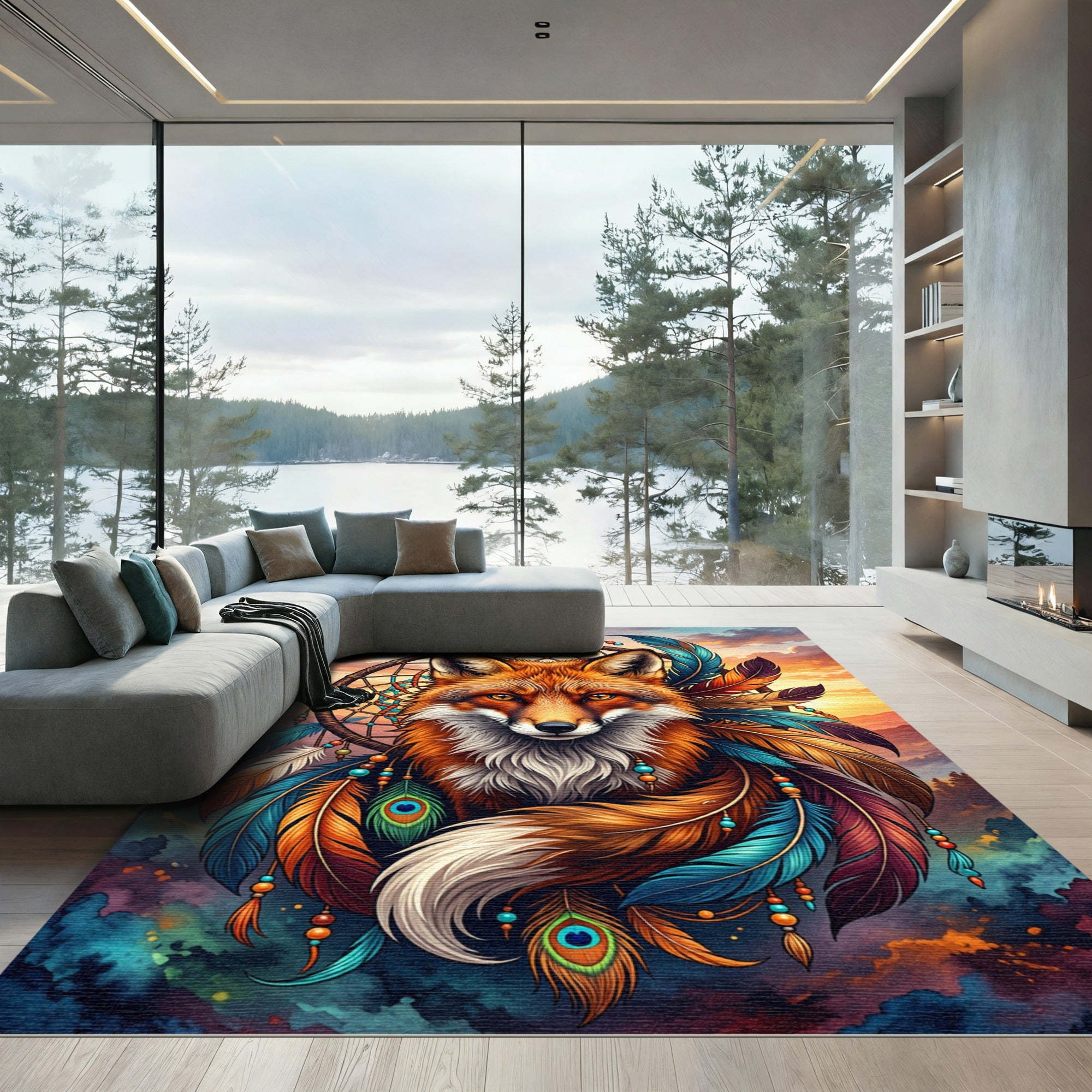 Vibrant Fox Dreamcatcher Feather Sunset Art Rug