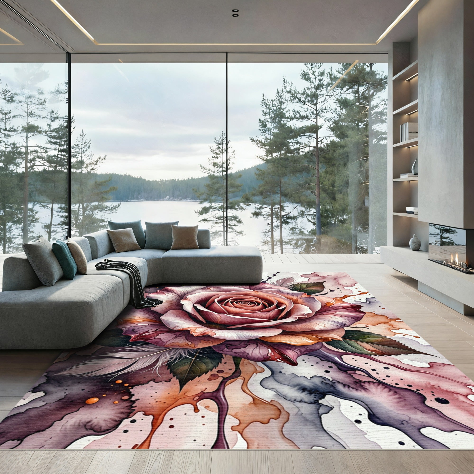 Ethereal Rose Watercolor Splash Feathers Rug