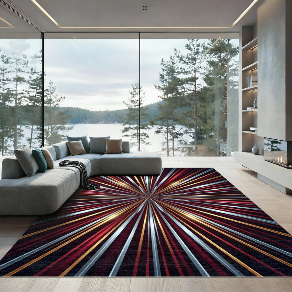Radiant Red Gold Silver Sunburst Rug