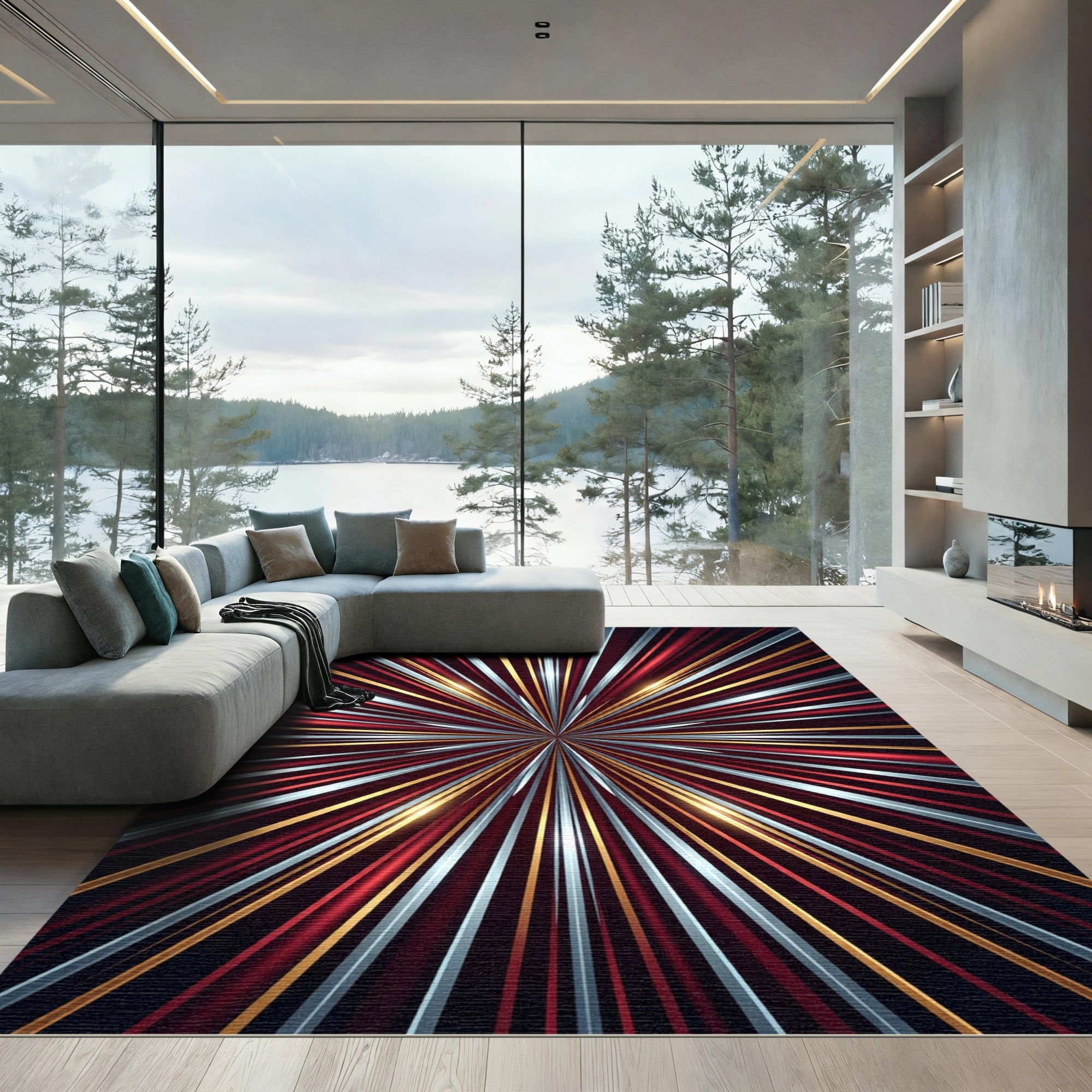Radiant Red Gold Silver Sunburst Rug