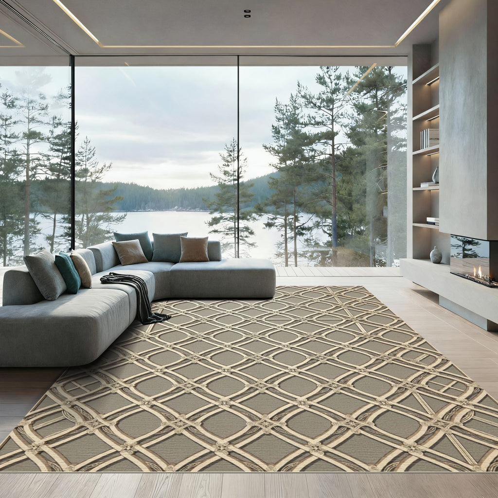 Elegant Champagne Ornate Trellis Lattice Rug