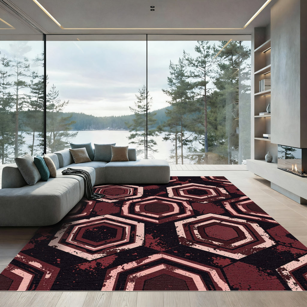Distressed Crimson Geometric Hexagon Rug
