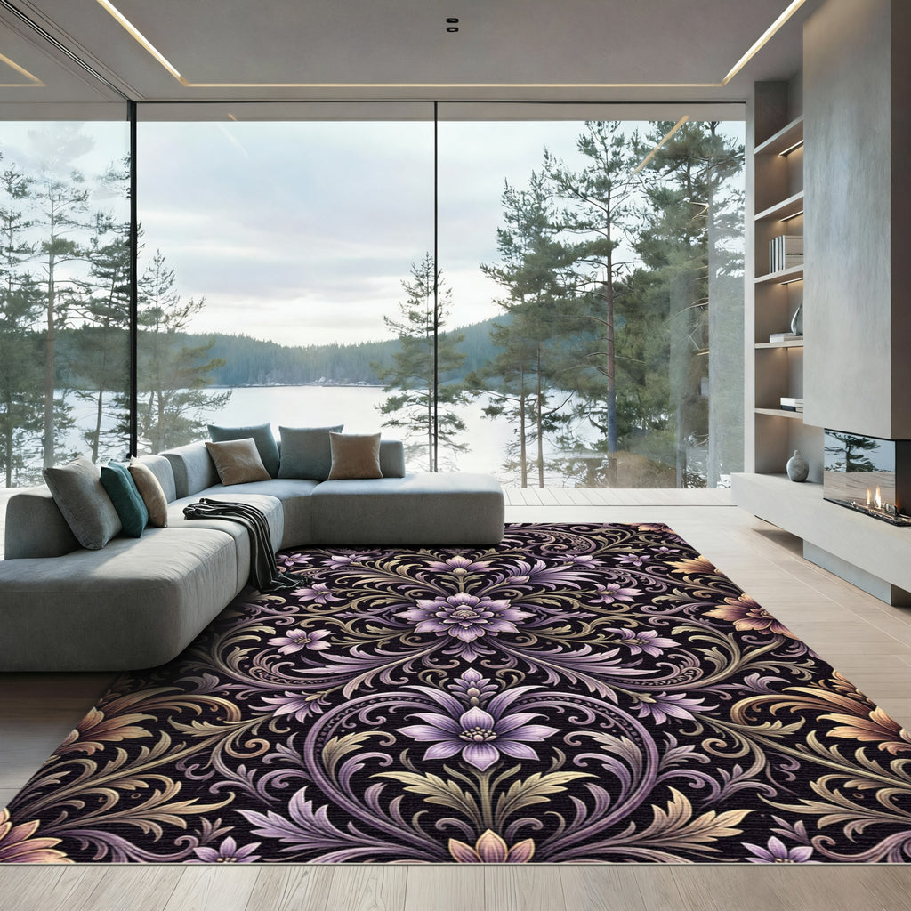 Elegant Lilac Floral Damask Jewel Scroll Rug