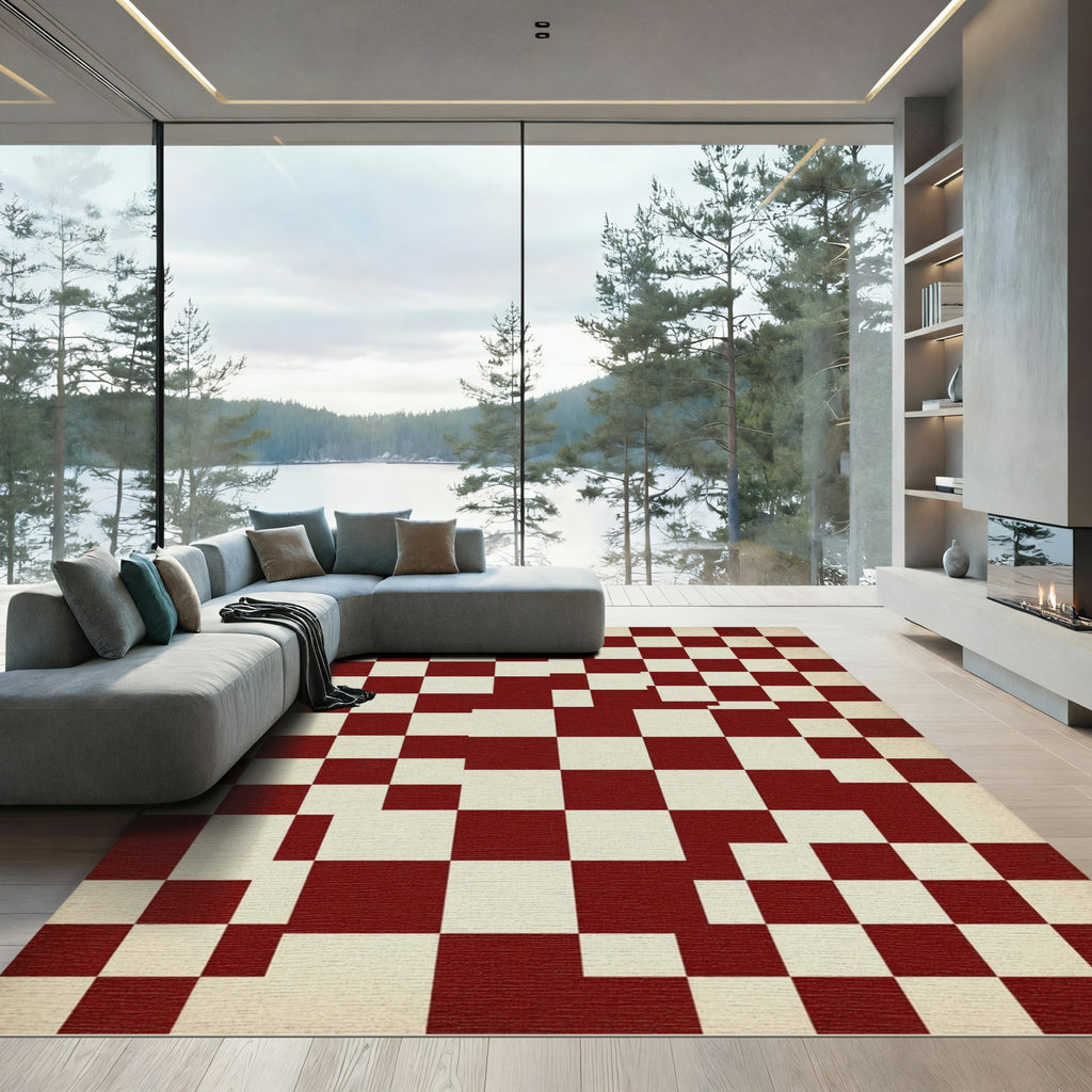 Vintage Crimson Checkerboard Squares Rug
