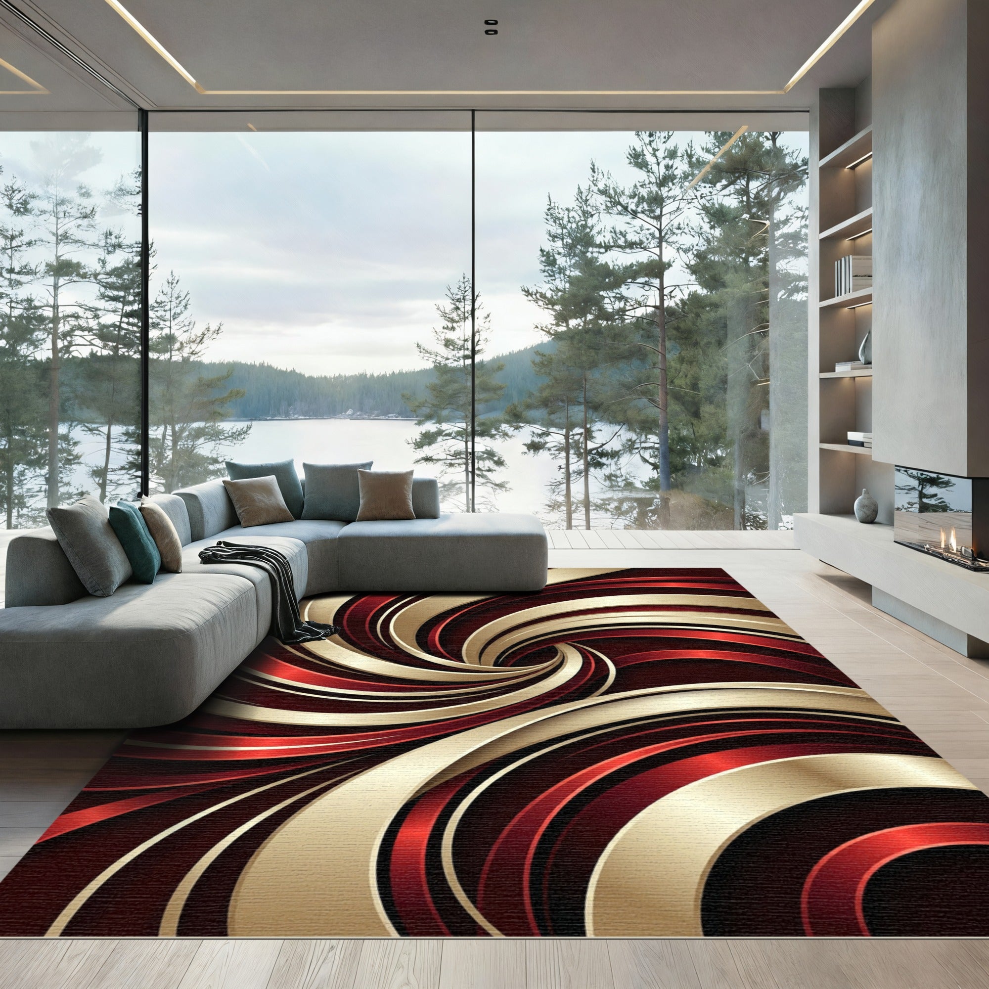 Crimson Gold Swirl Abstract Rug