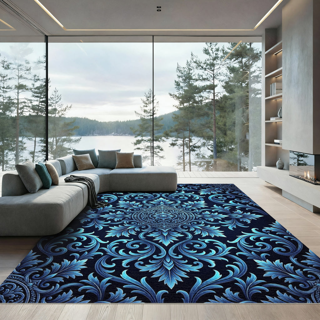 Ornate Blue Floral Scroll Rug