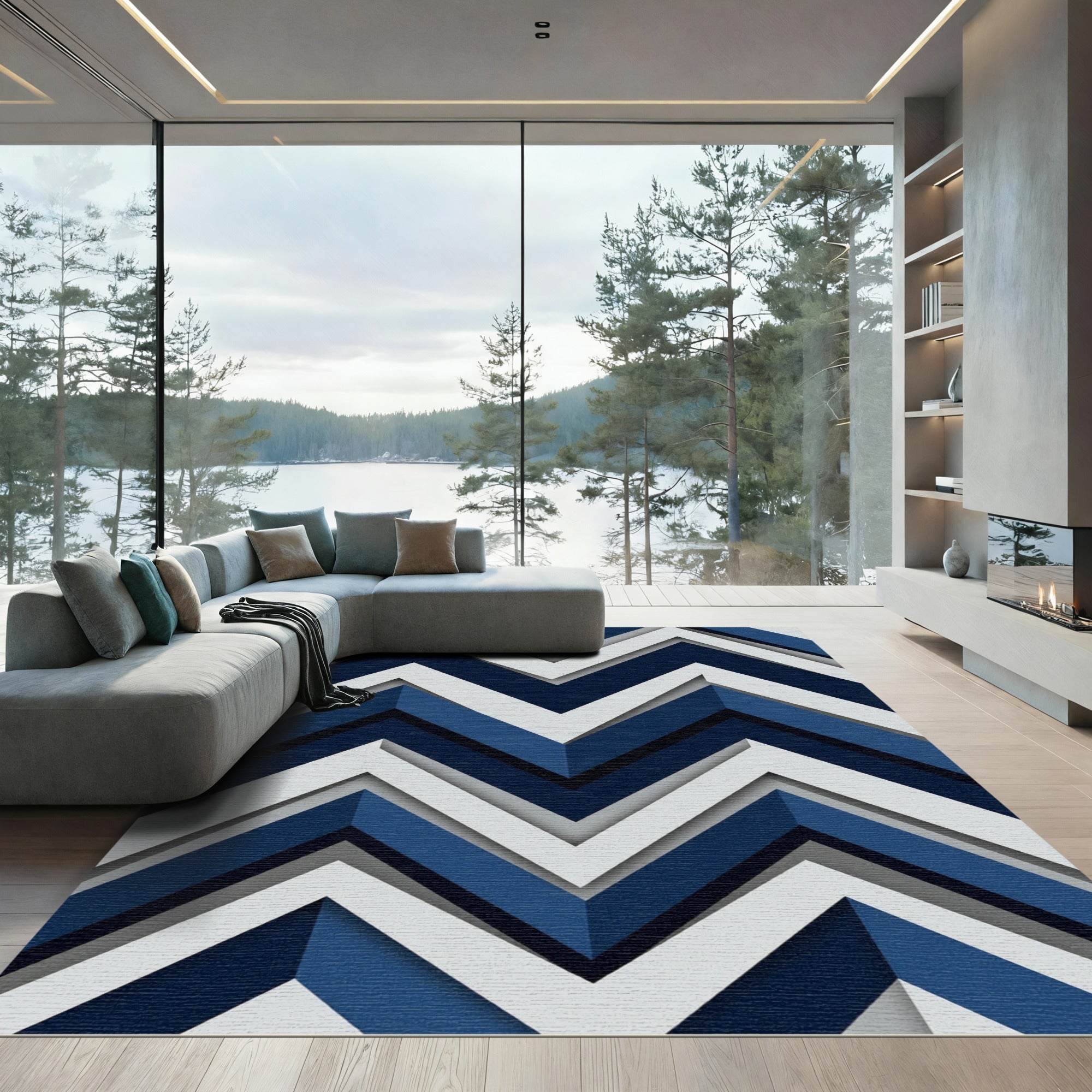 Bold Navy and White Zigzag Chevron Rug