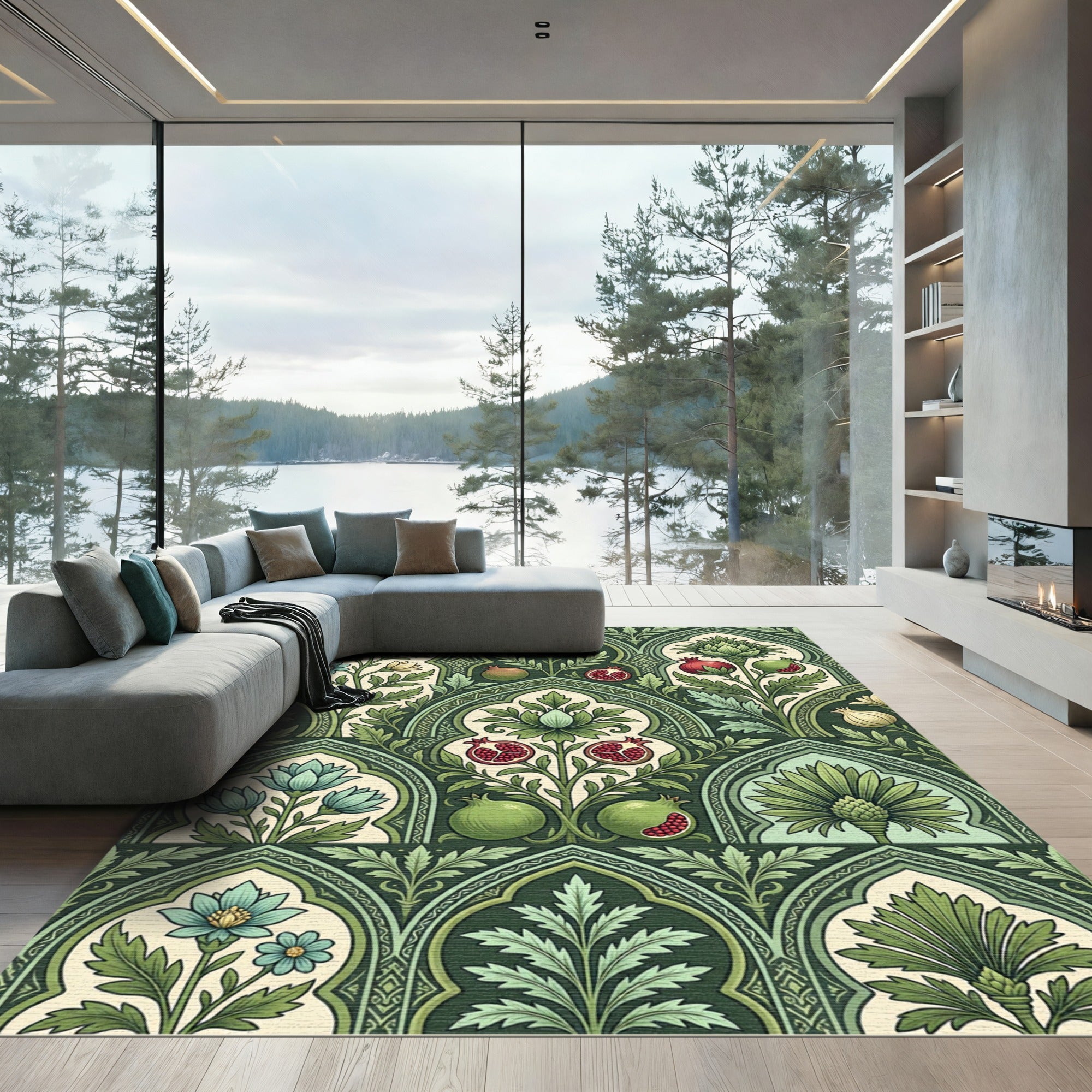 Green Pomegranate Floral Arch Rug