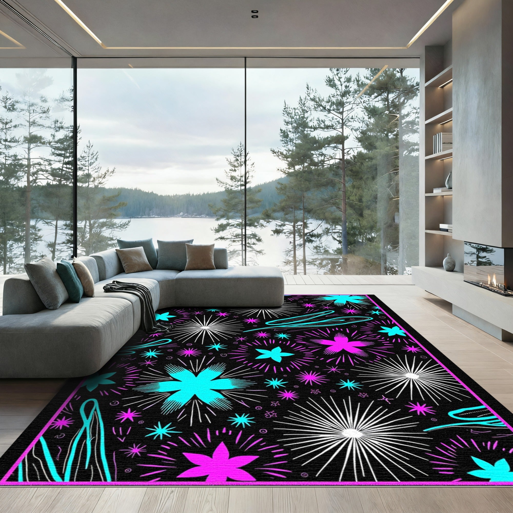 Vibrant Pink Cyan Starburst Explosion Rug