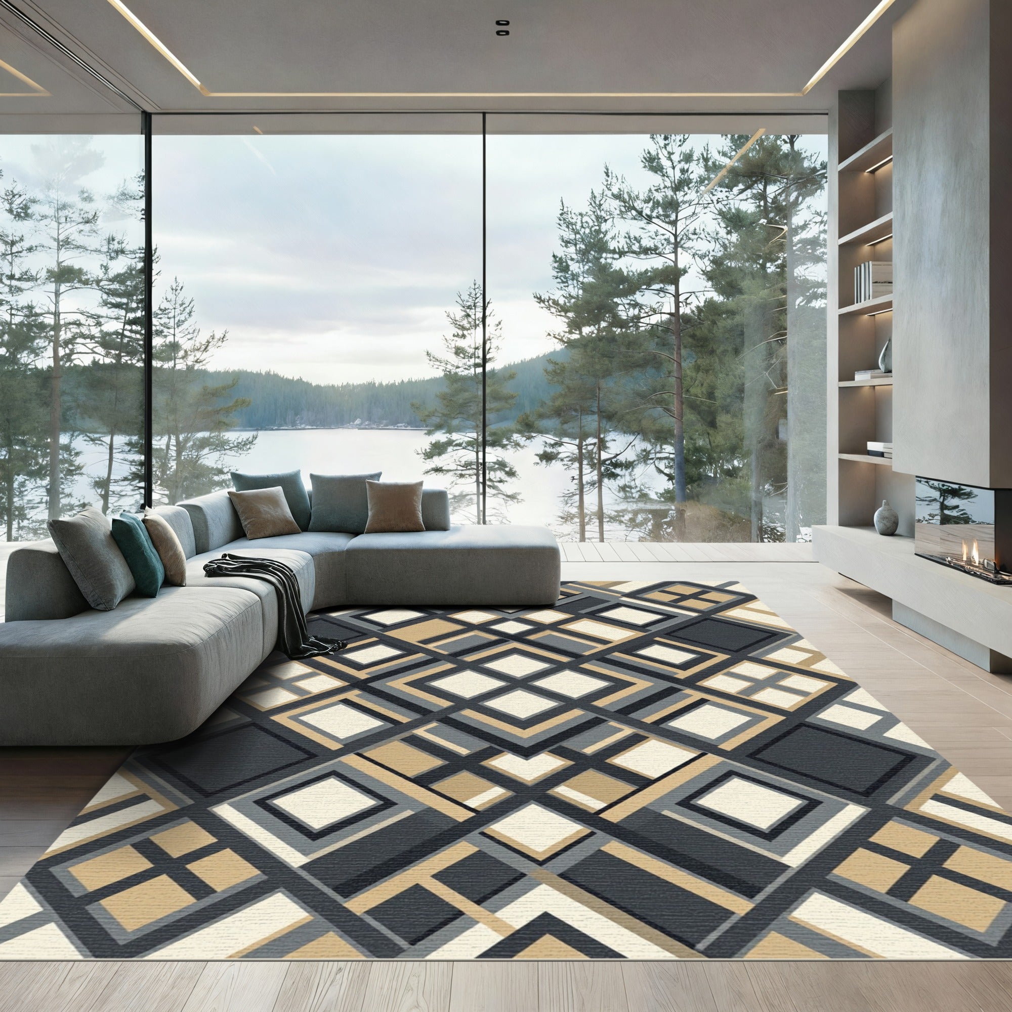 Sophisticated Cream Charcoal Geometric Diamond Rug