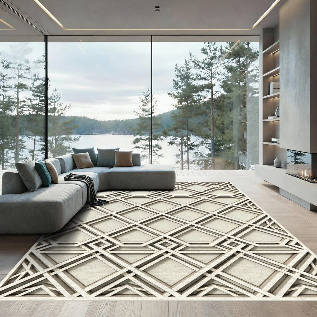 Cream Ivory Interlocking Geometric Diamond Rug
