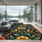 Golden Bird and Floral Botanical Art Rug